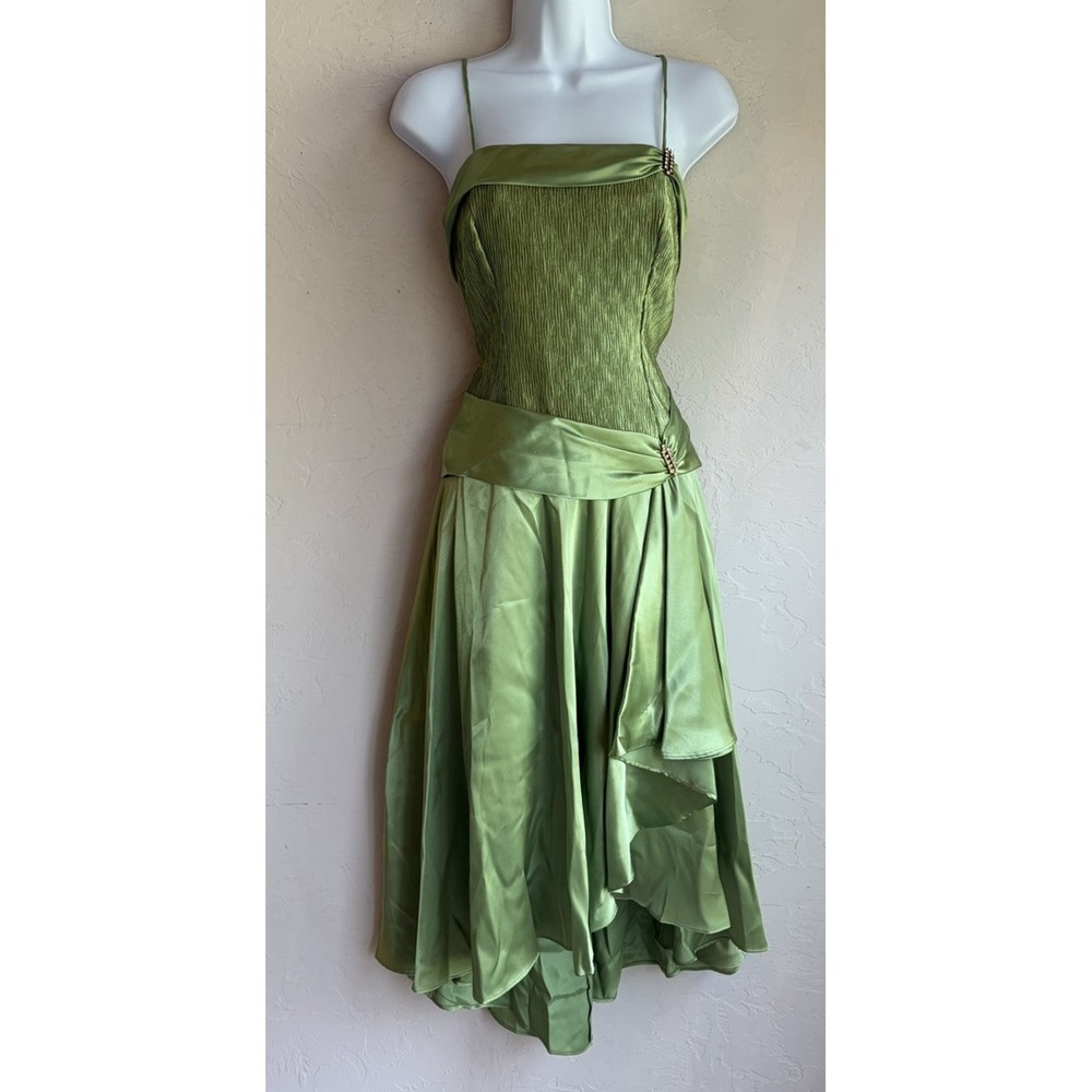 Vintage 90s Y2K Aspeed Green Satin Formal Dress S Lace Up Corset Fairy Plisse